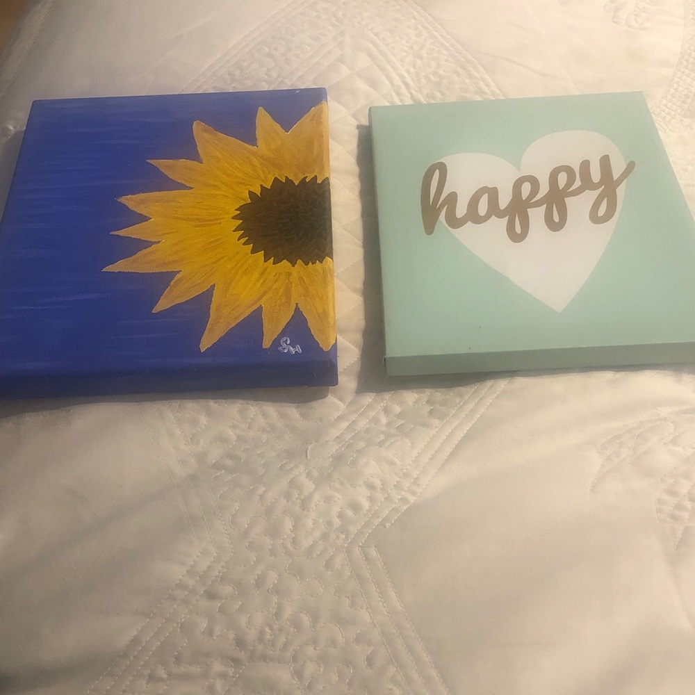 Sunflower and Happy Wall Art Set - Blue, Yellow, Mint